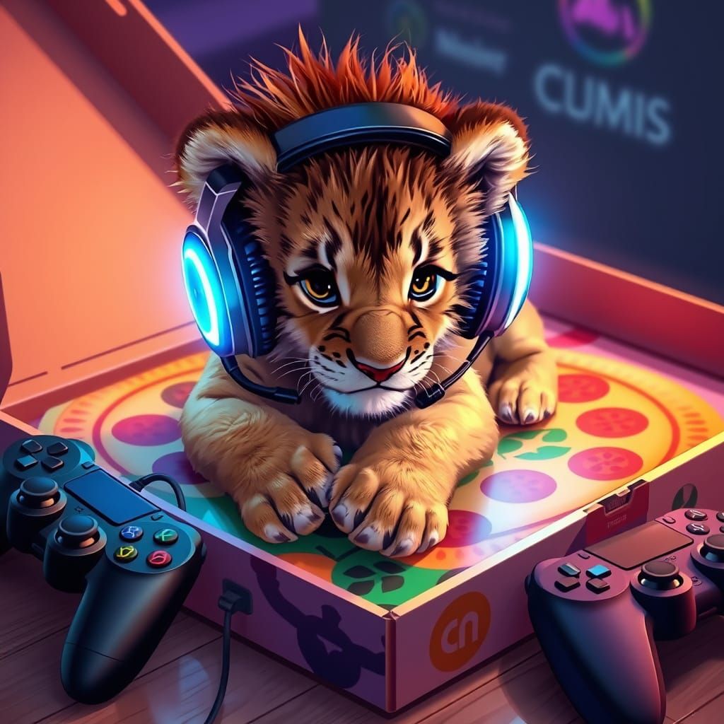 Lion Cub Gamer on Pizza Box in Playful Style