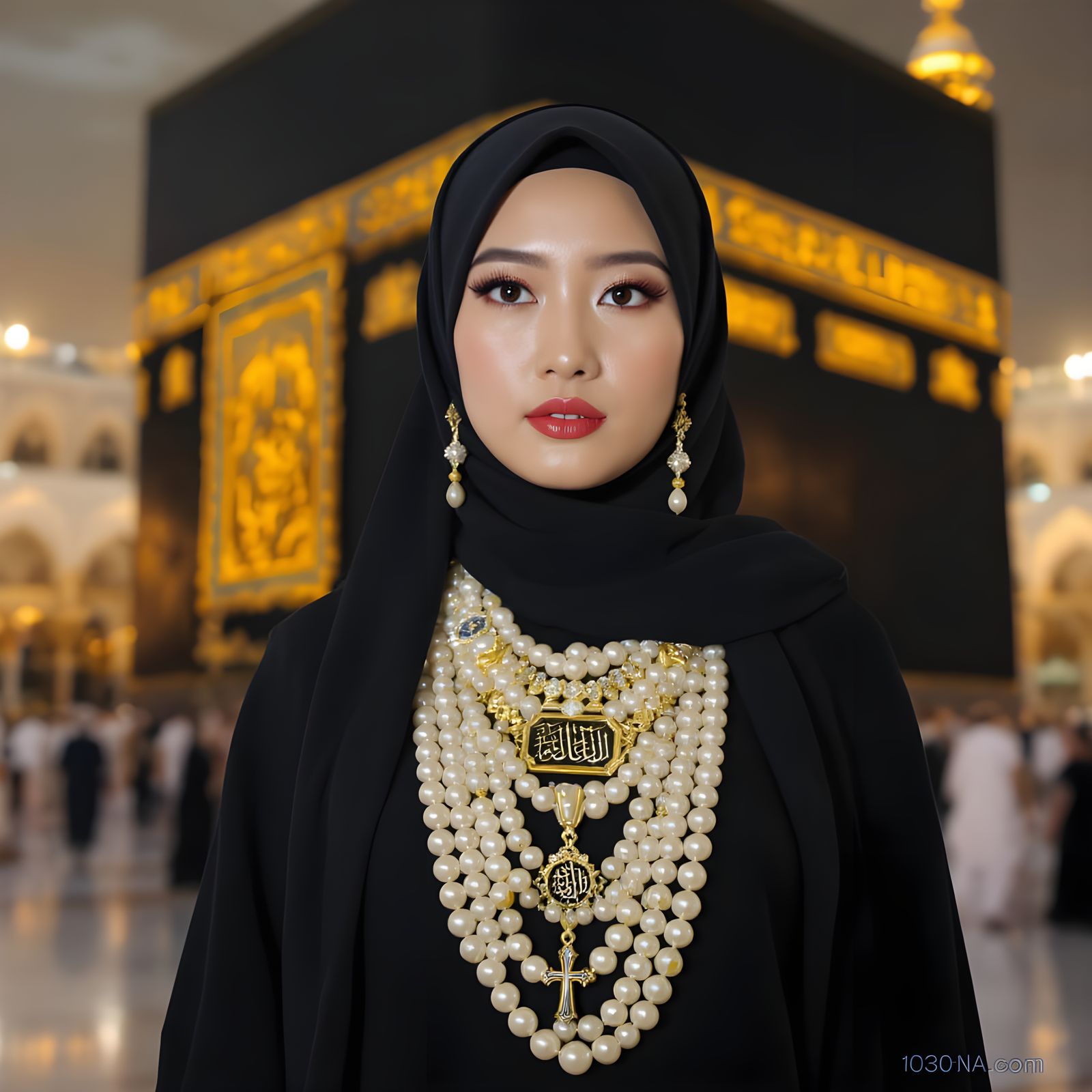 Woman in Hijab with Pearl Body Chain at Ka'bah