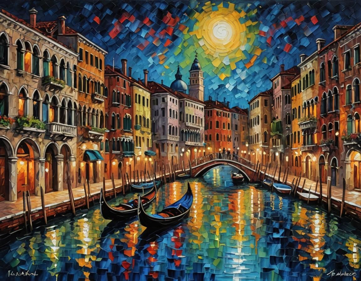 Venice Italy at Night: Impasto Painting