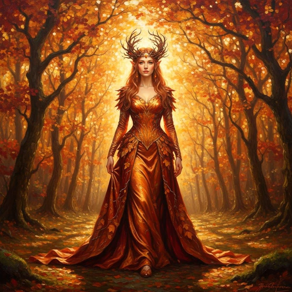 Majestic Elven Queen in Autumn Forest Oil Painting