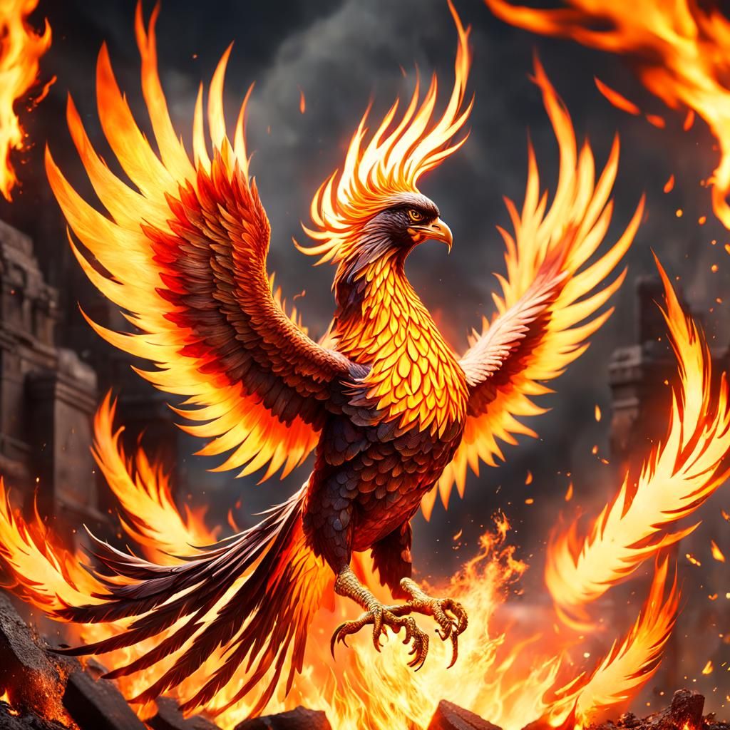 Phoenix Rising From Ashes in Detailed Matte Painting