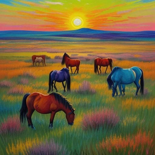 Wild Horses Grazing: Impressionistic Gouache Painting