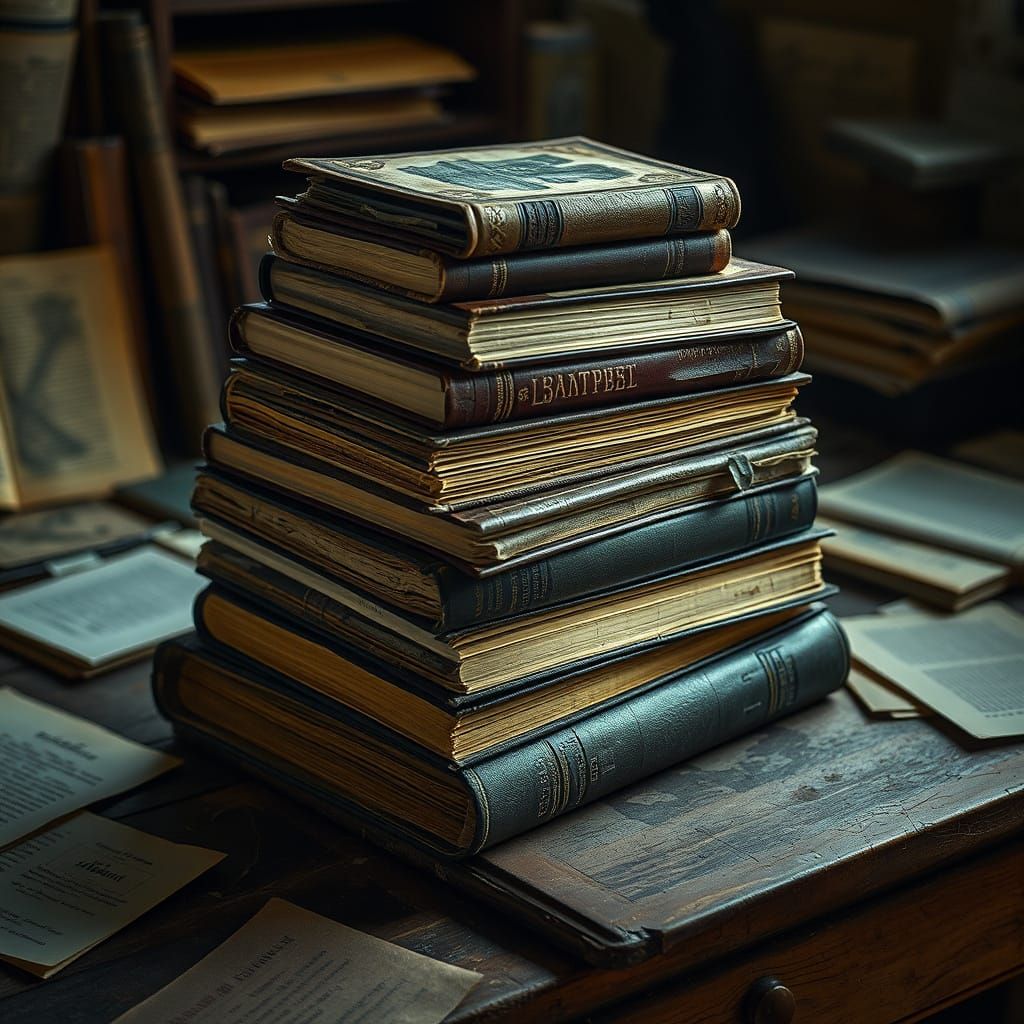 Vintage Books in a Dimly Lit Study