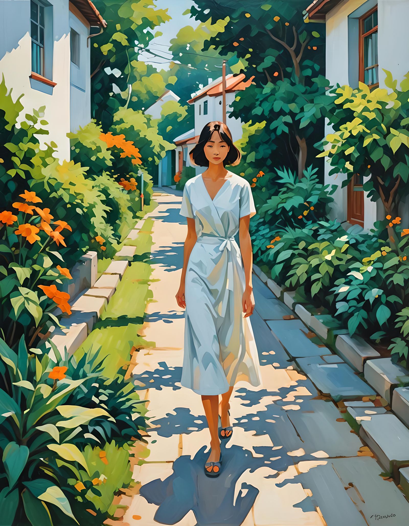 Sunny Village Street: An Expressionist Oil Painting