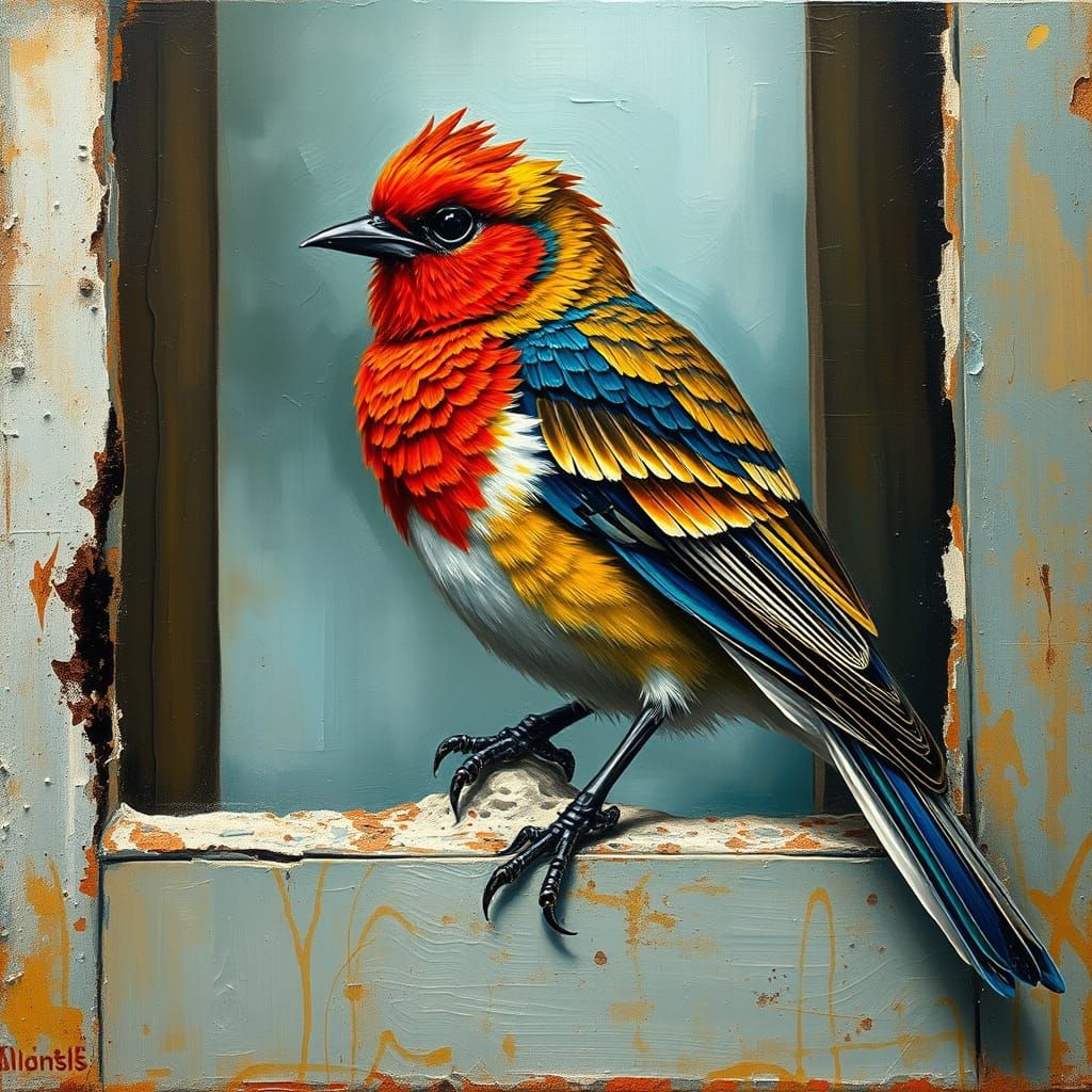 Bird on Rustic Window Ledge in Neo-Expressionist Style