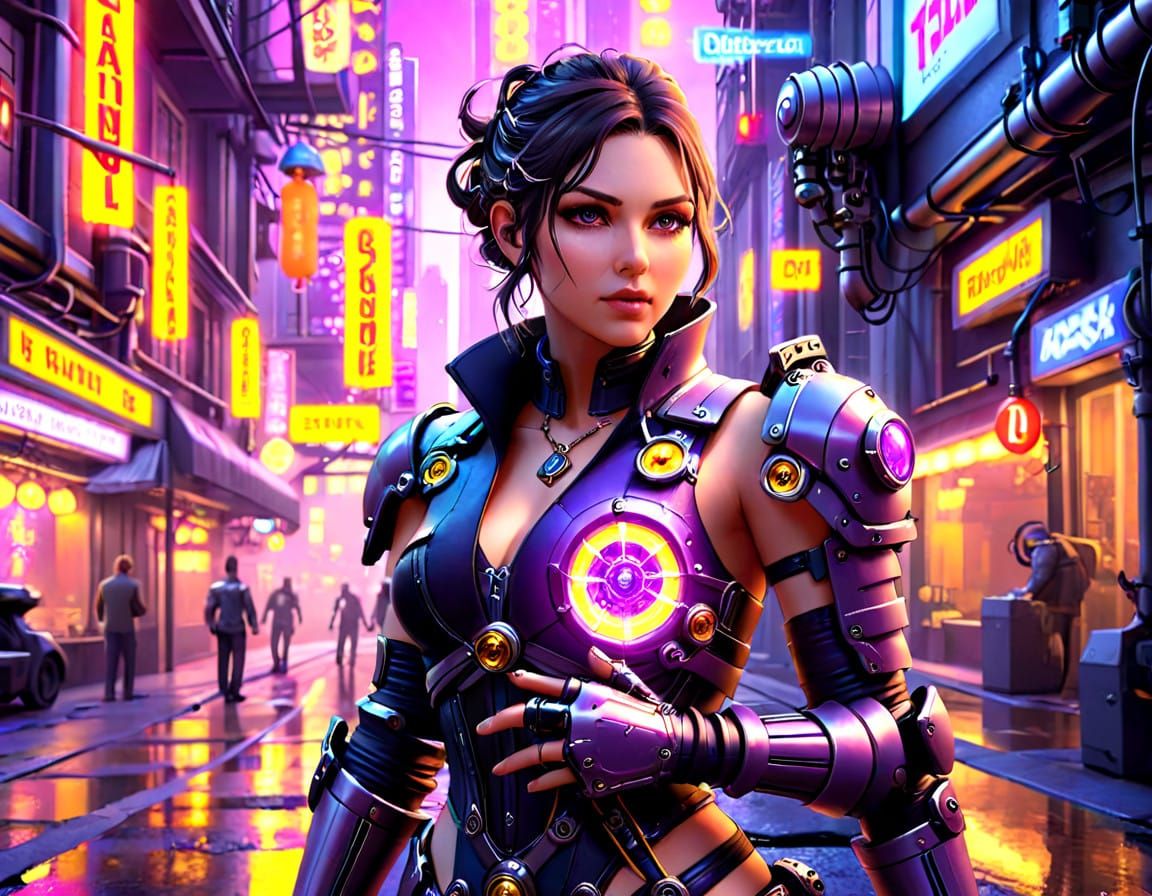 Futuristic Female Genius with Neon-Lit Prosthetic Arm