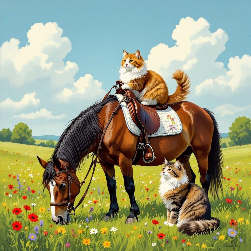 Idyllic Meadow Scene: Horse and Cat Friendship