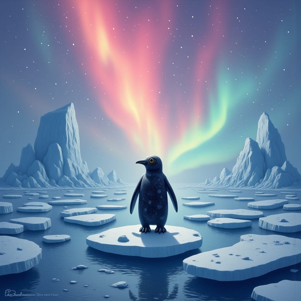 Surreal Arctic Penguin Scene in Dreamlike Digital Painting