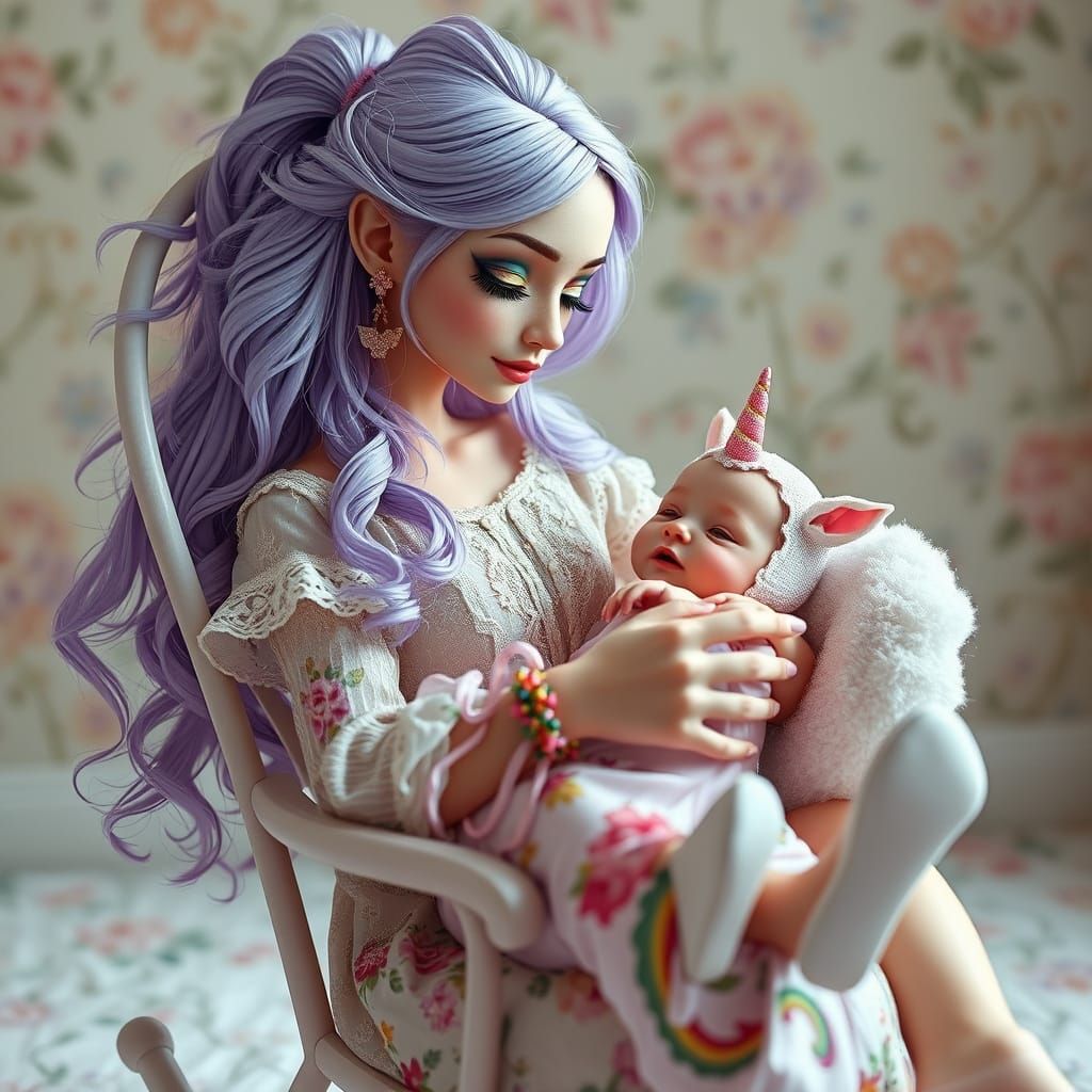 Whimsical Fairy-Witch Mother and Baby in Pop Art Style