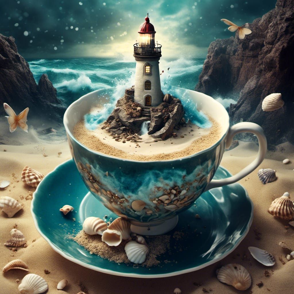 Stormy Ocean in Ornate Teacup with Lighthouse