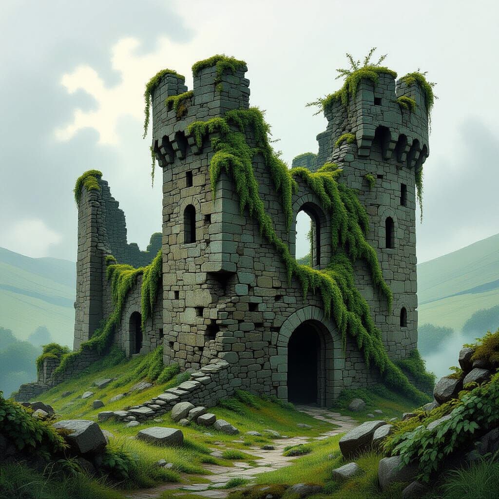 Ruined Welsh Castle in Digital Painting Style
