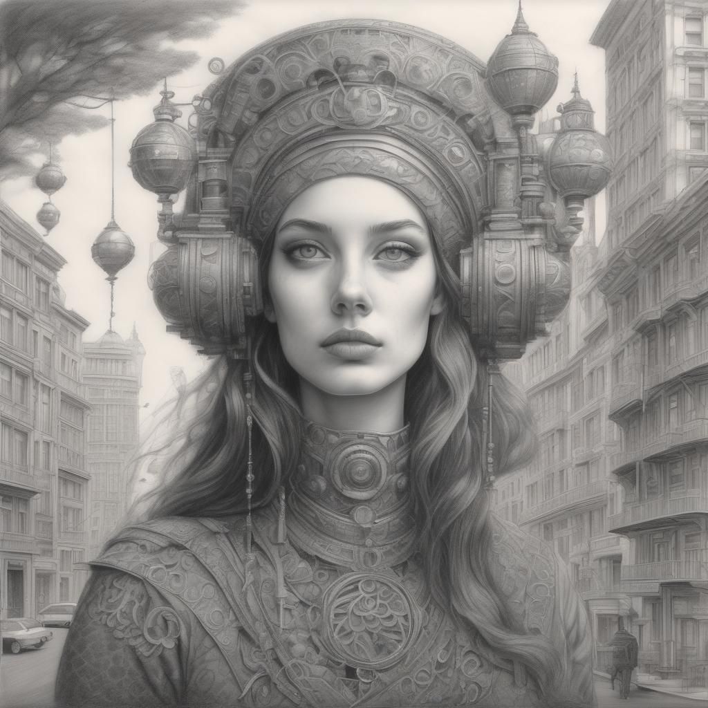 Maximalist Pencil Sketch of a Beautiful Young Woman