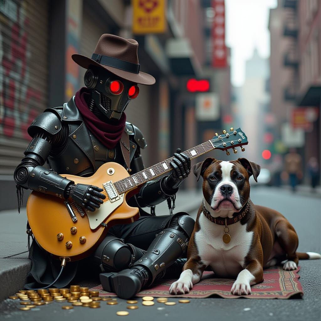 Robot Busker Plays Guitar in Dystopian City