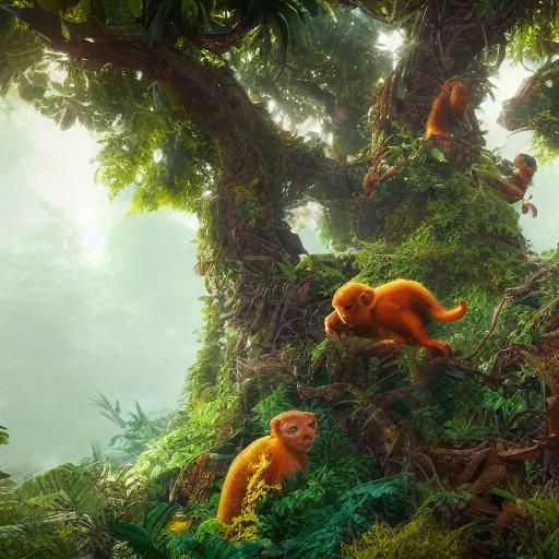 Monkeys Swinging in a Dense Jungle