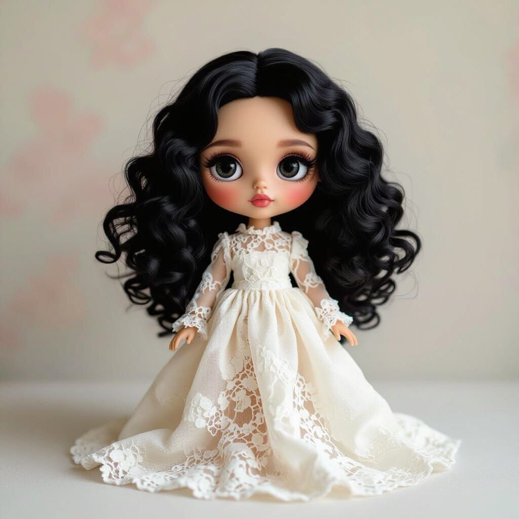 Mini Blythe Doll in Lacy Silk Dress with Curly Black Hair
