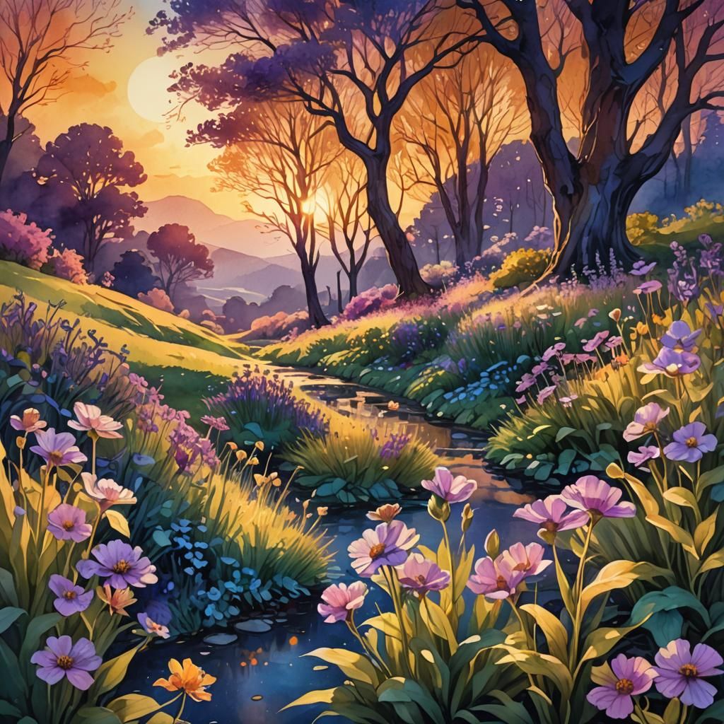 Spring Sunset Digital Watercolor Illustration in Art Nouveau...