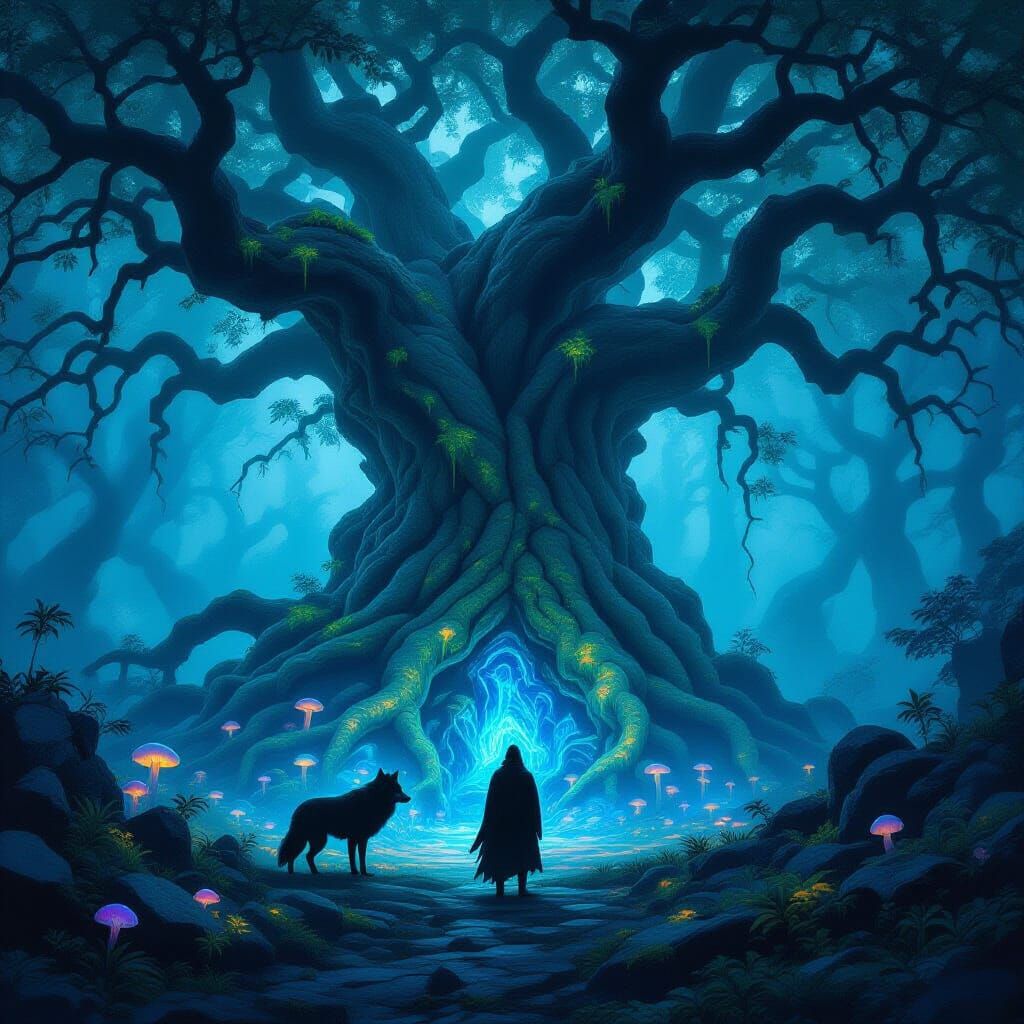 Mystical Forest Wolf Under Ancient Tree
