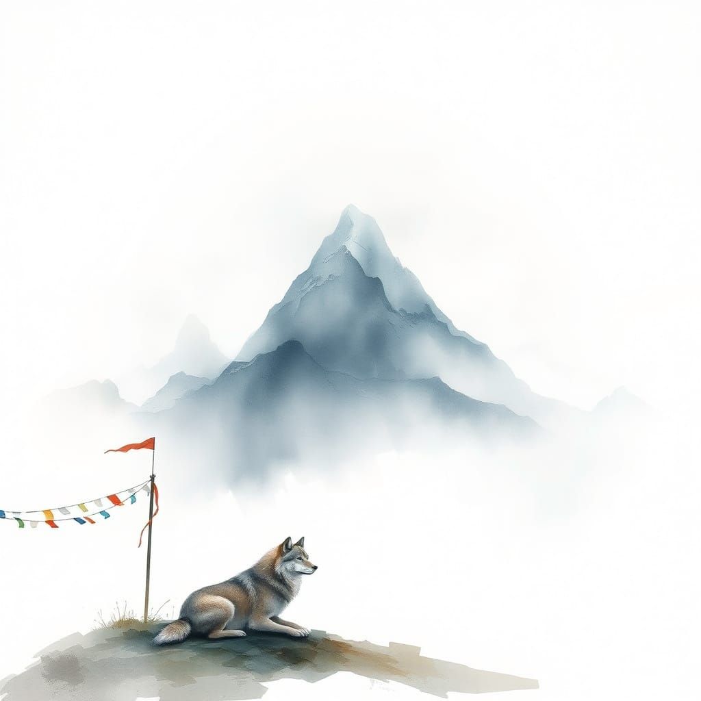 Serene Mountain Scene in Watercolor Style