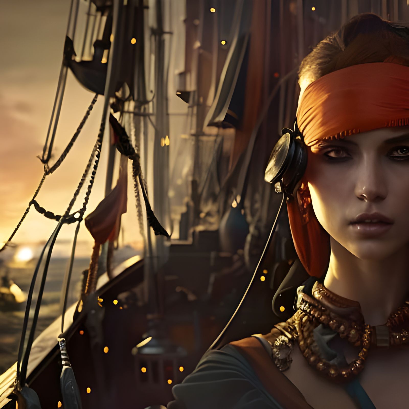 Pirate Girl's Sunset Feast: Detailed Digital Painting