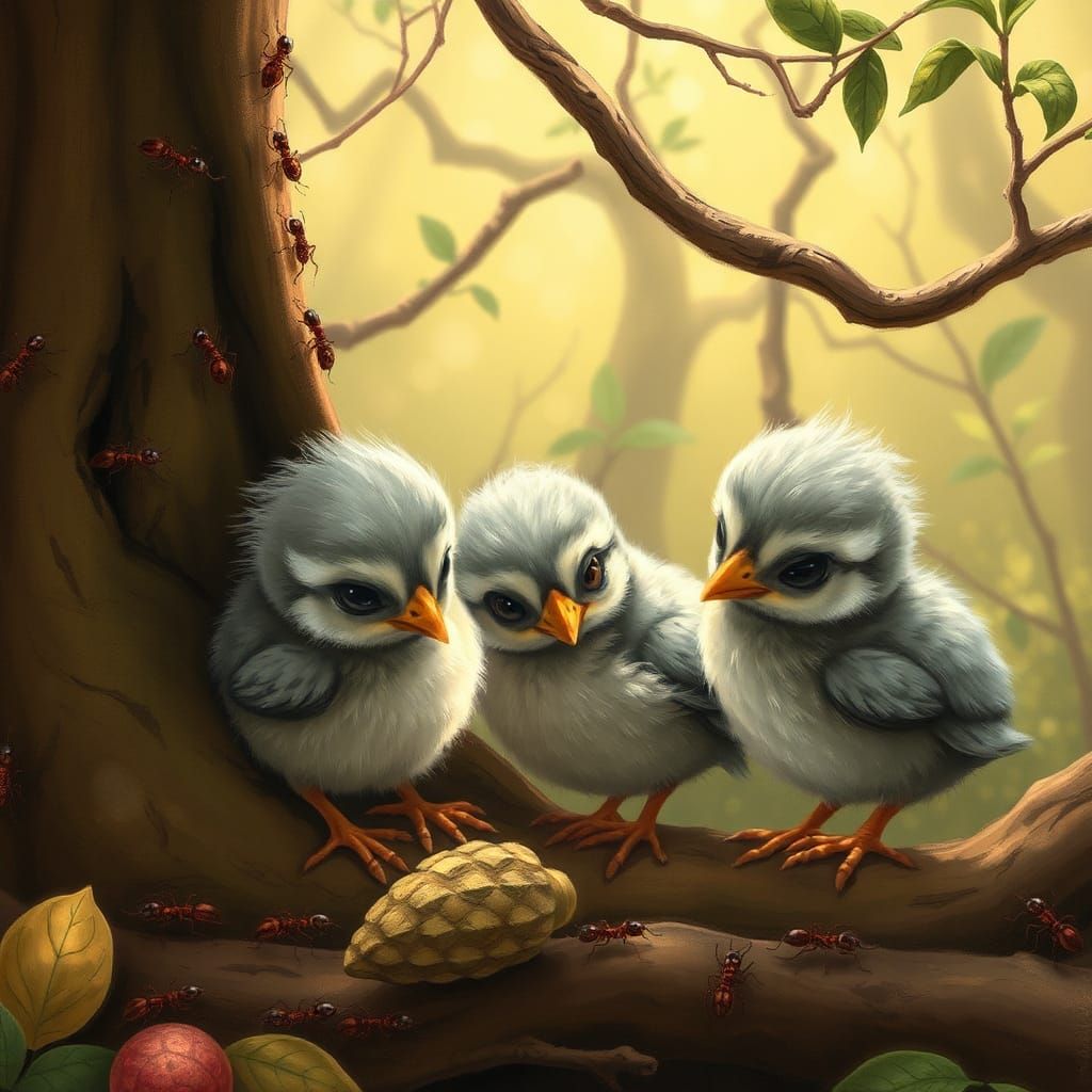 Teetar chicks feeding on ants on a tree