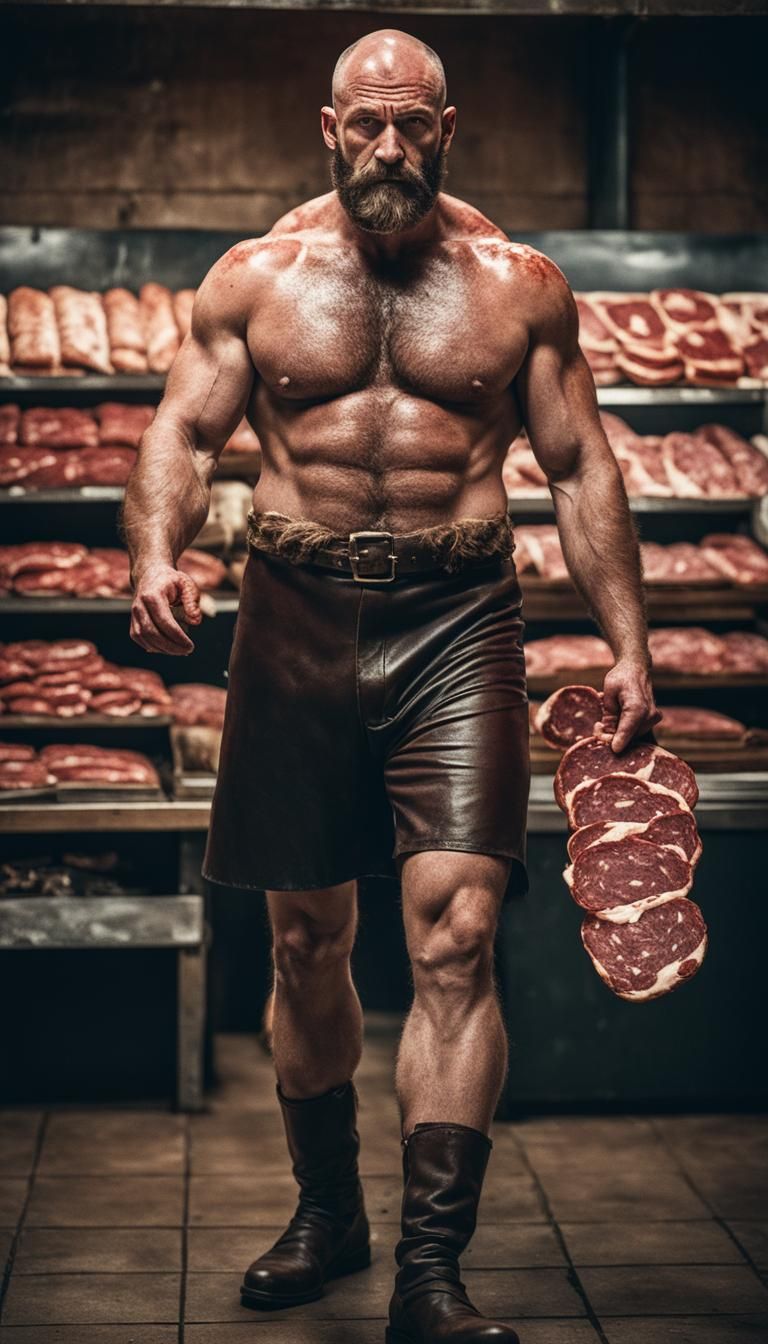 Cinematic Film Still of a Bald Butcher with Meats