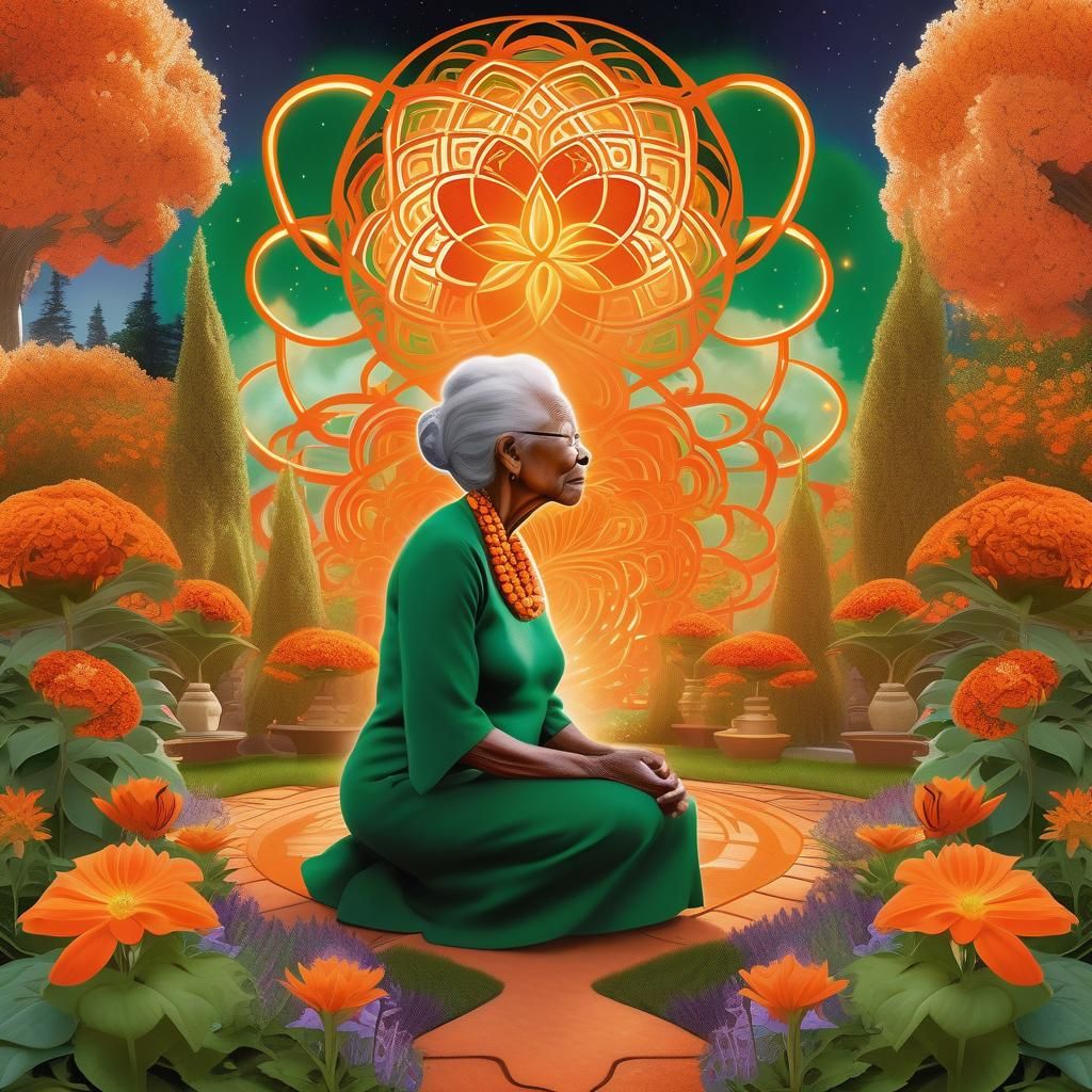 African Canadian Woman with Horns in Swirling Garden