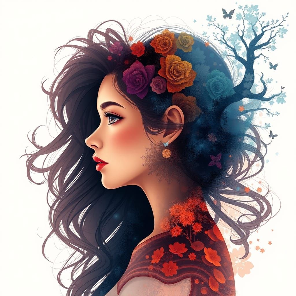 Double Exposure Woman with Magical Woodland Hair