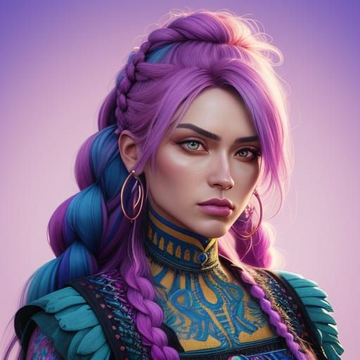 Woman with Braided Colorful Hairstyle in Splash Art Style
