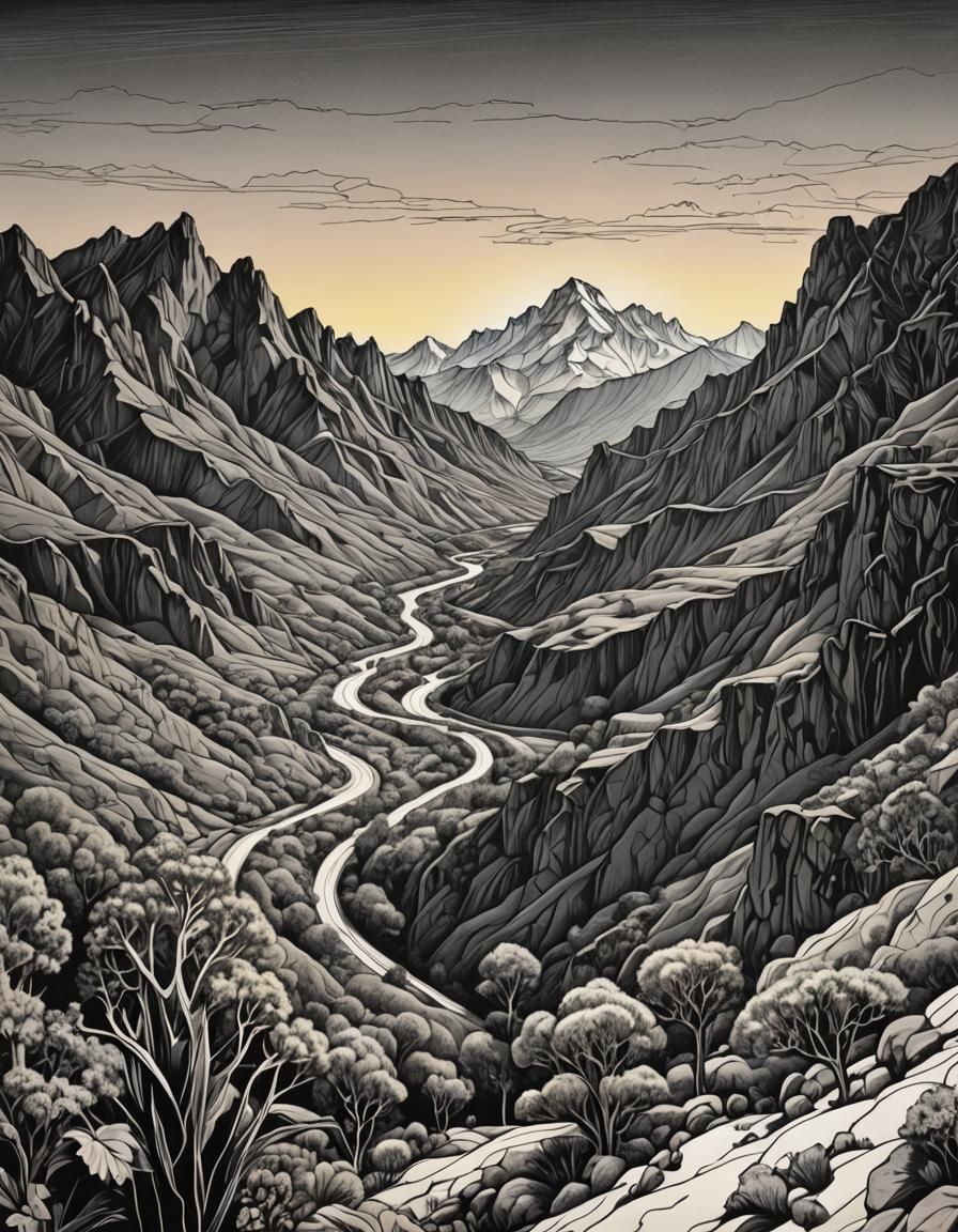 Alien Landscape Line Drawing with Retrofuturistic Elements