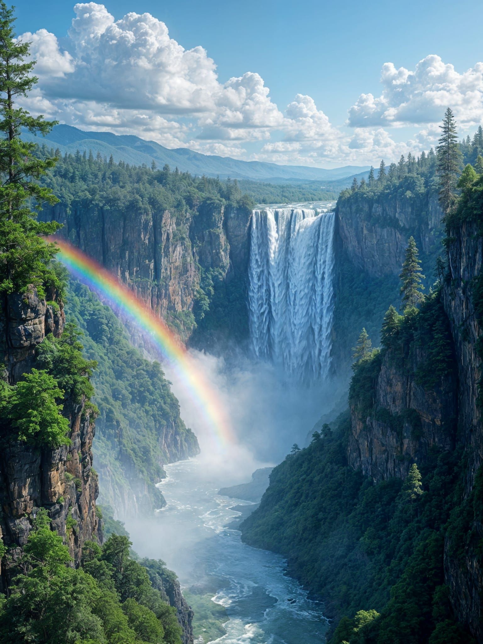 Immense Waterfall Plunging into Forested Valley