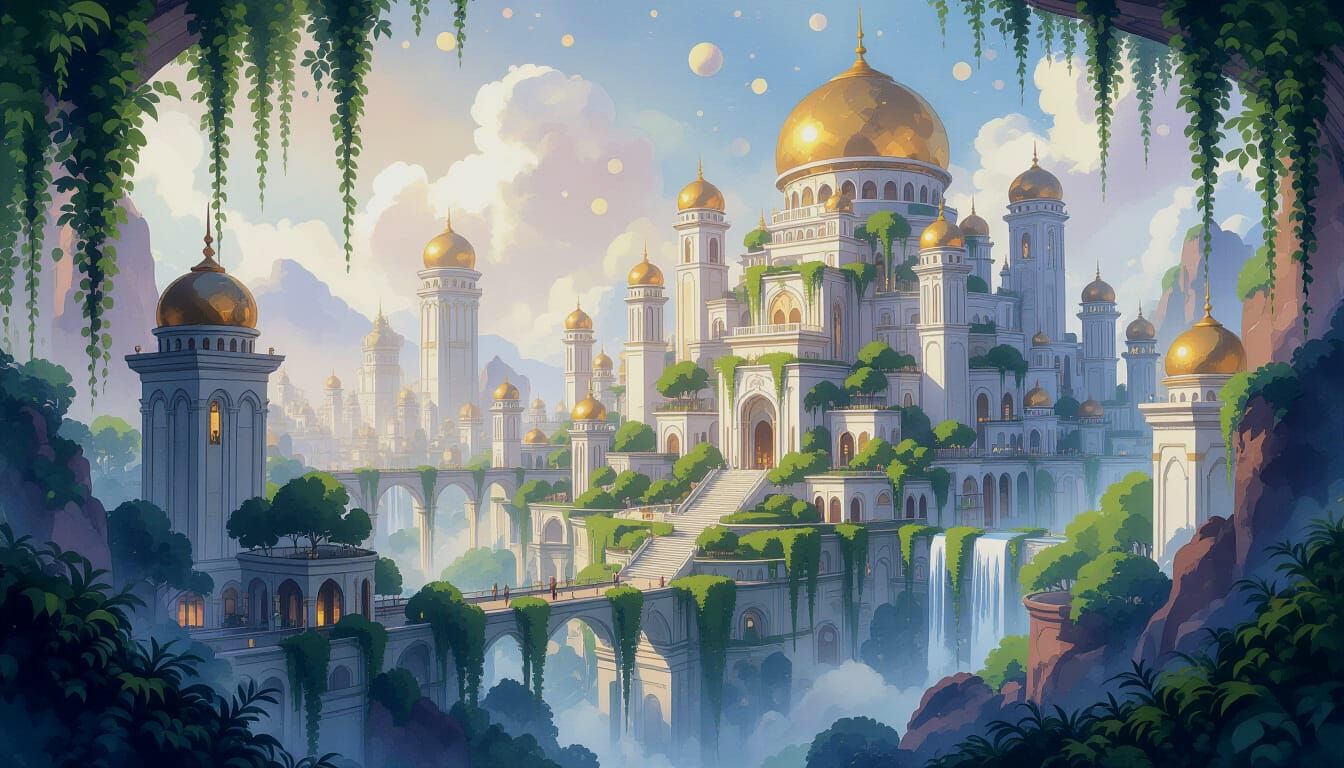 Exoplanet Cityscape as Watercolor Painting