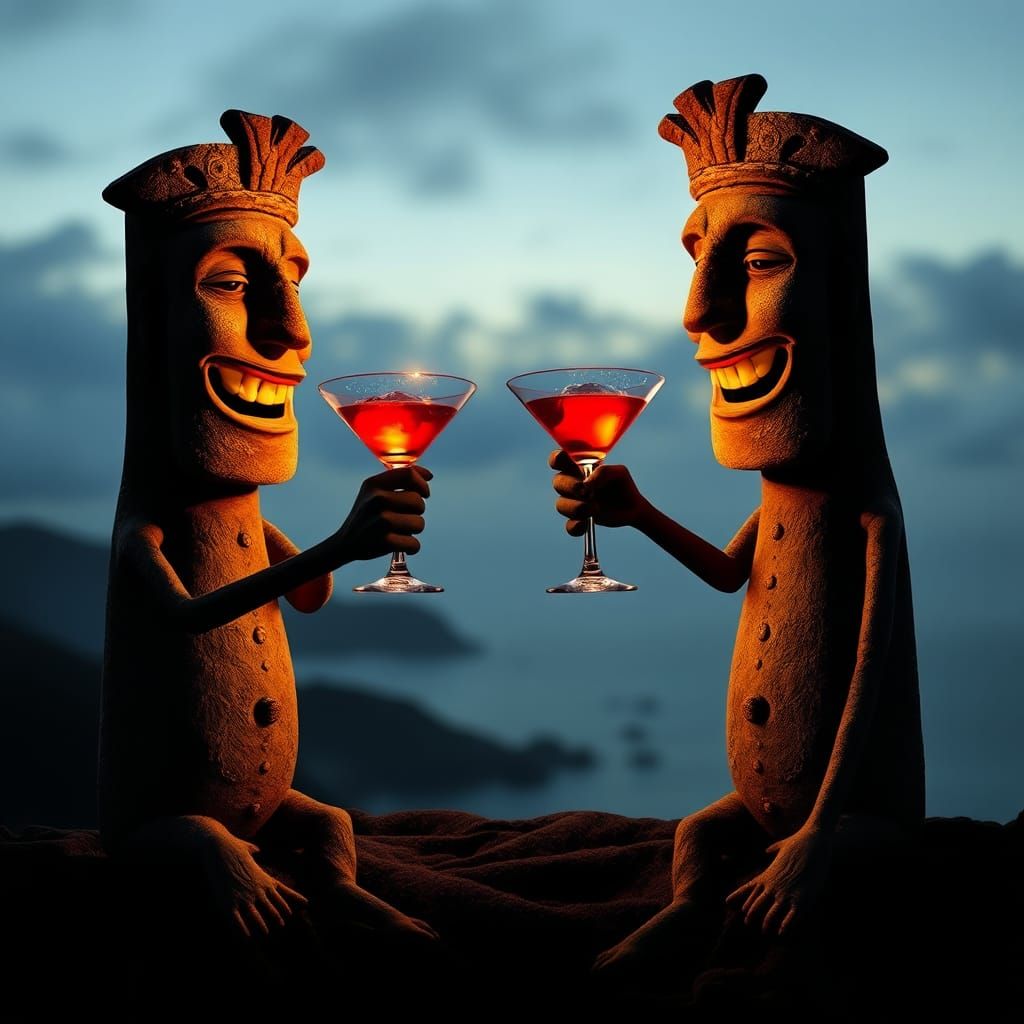 Moai Heads Celebrate with Martinis