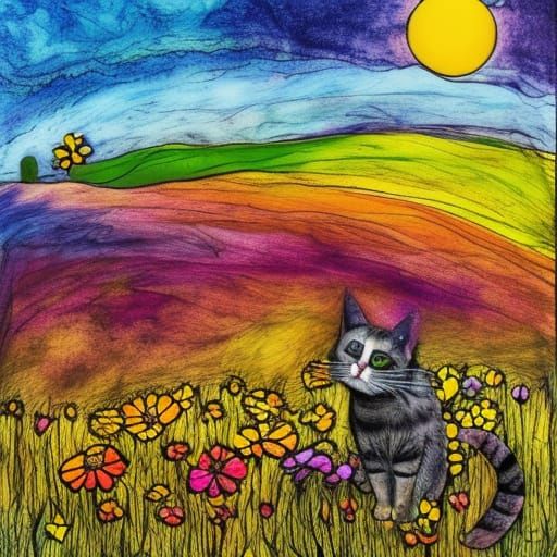 Cat in Meadow: Abstract Alcohol Ink Landscape