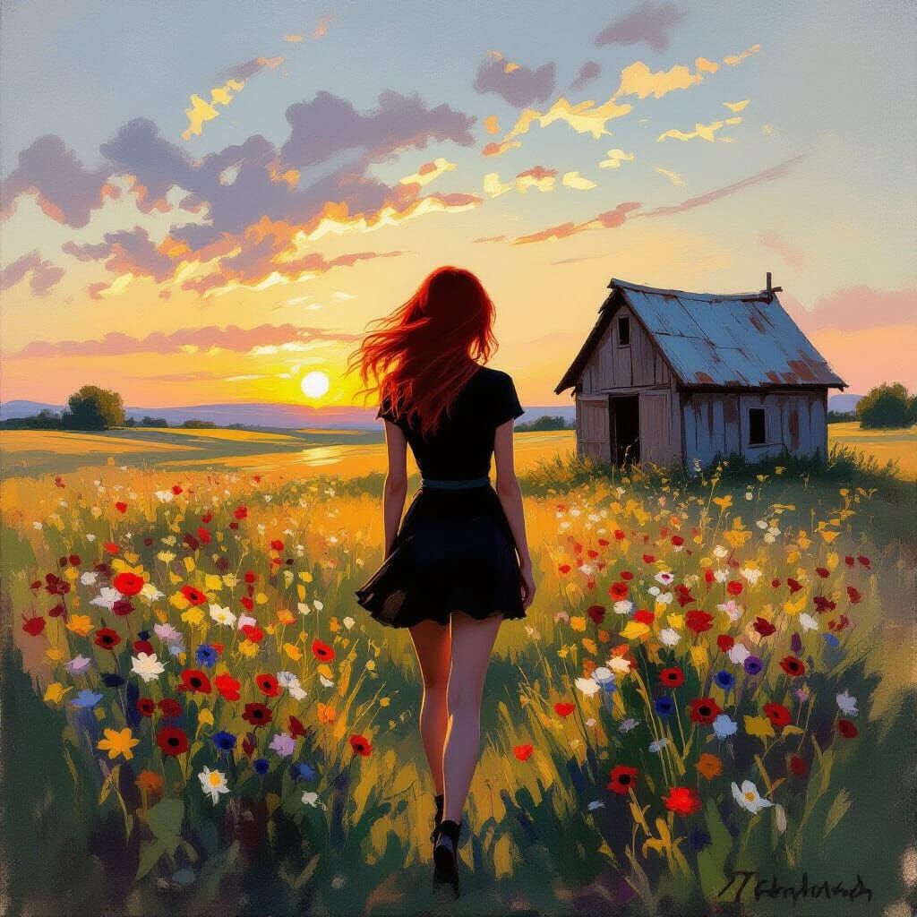 Lone Woman in Prairie Field at Twilight, Impressionist Oil P...