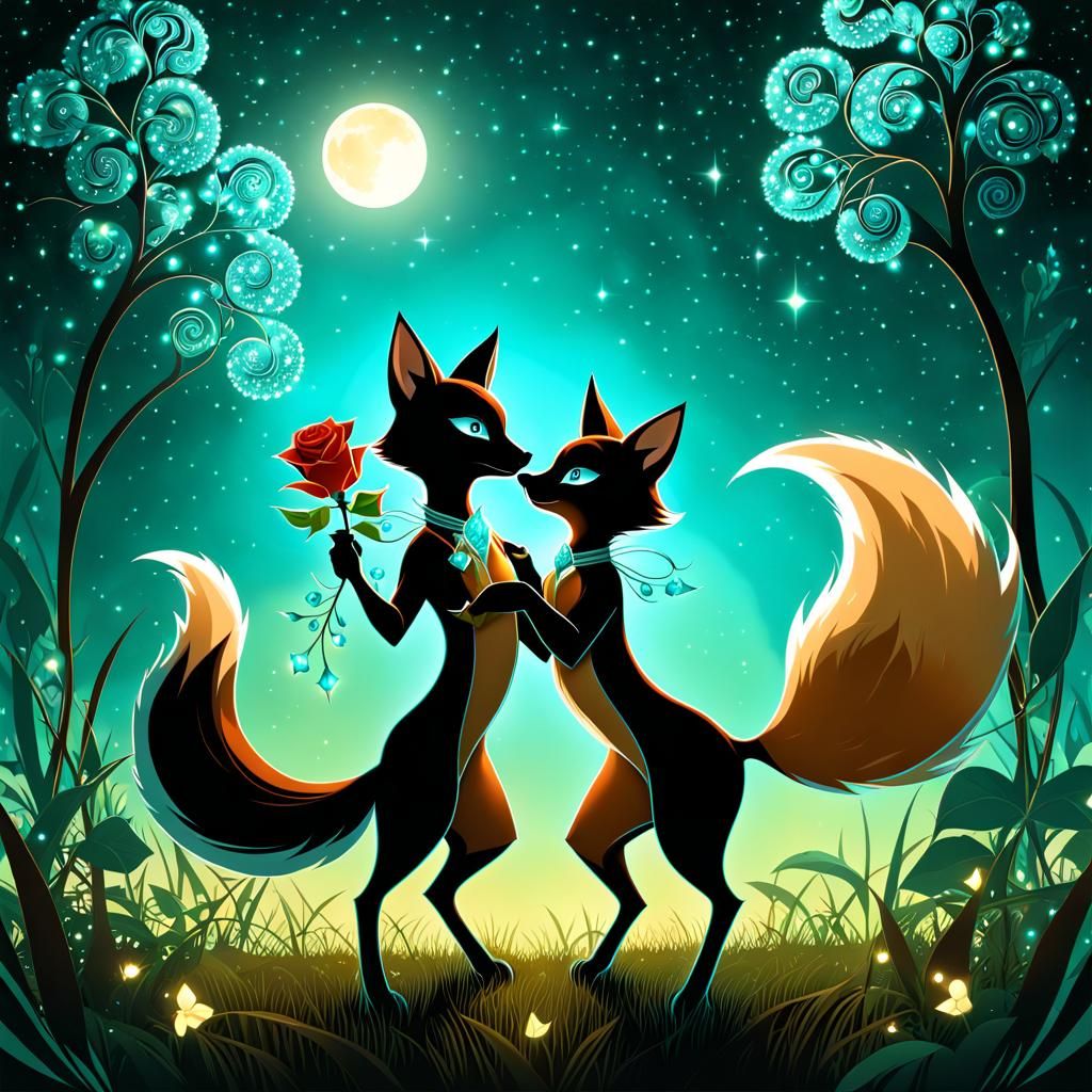 Majestic Red Fox Couple in Cyberpunk Wonderland