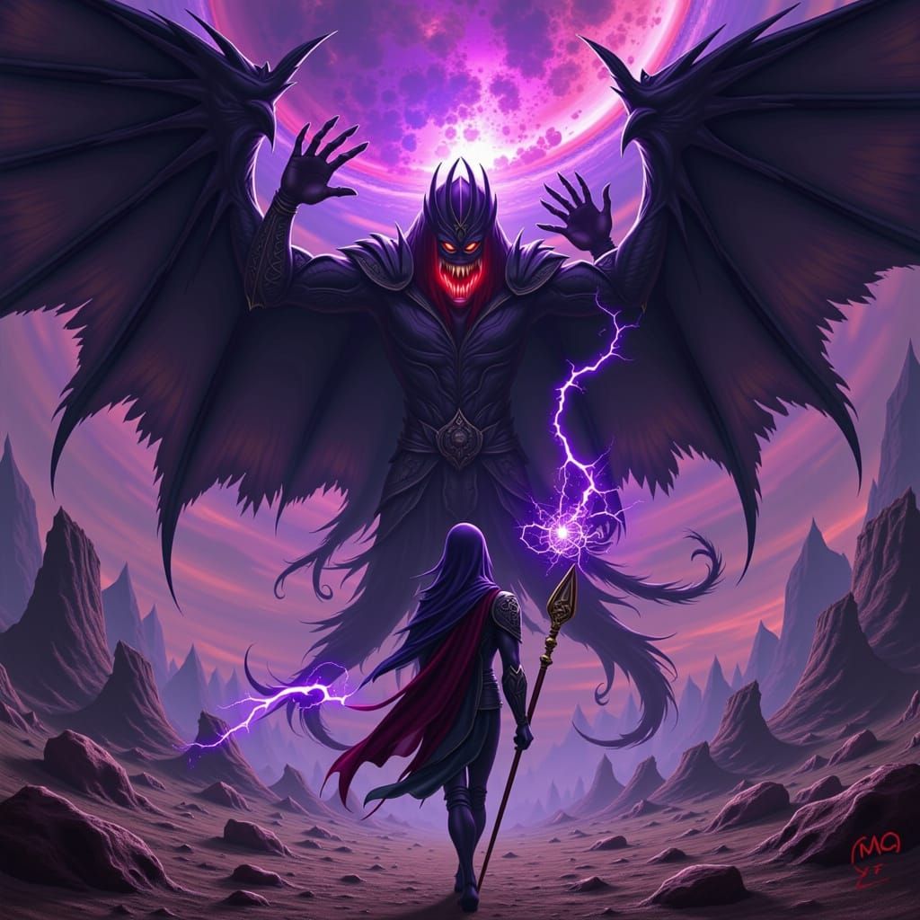 Androgynous Warrior Defies Shadow Guardian on Alien World