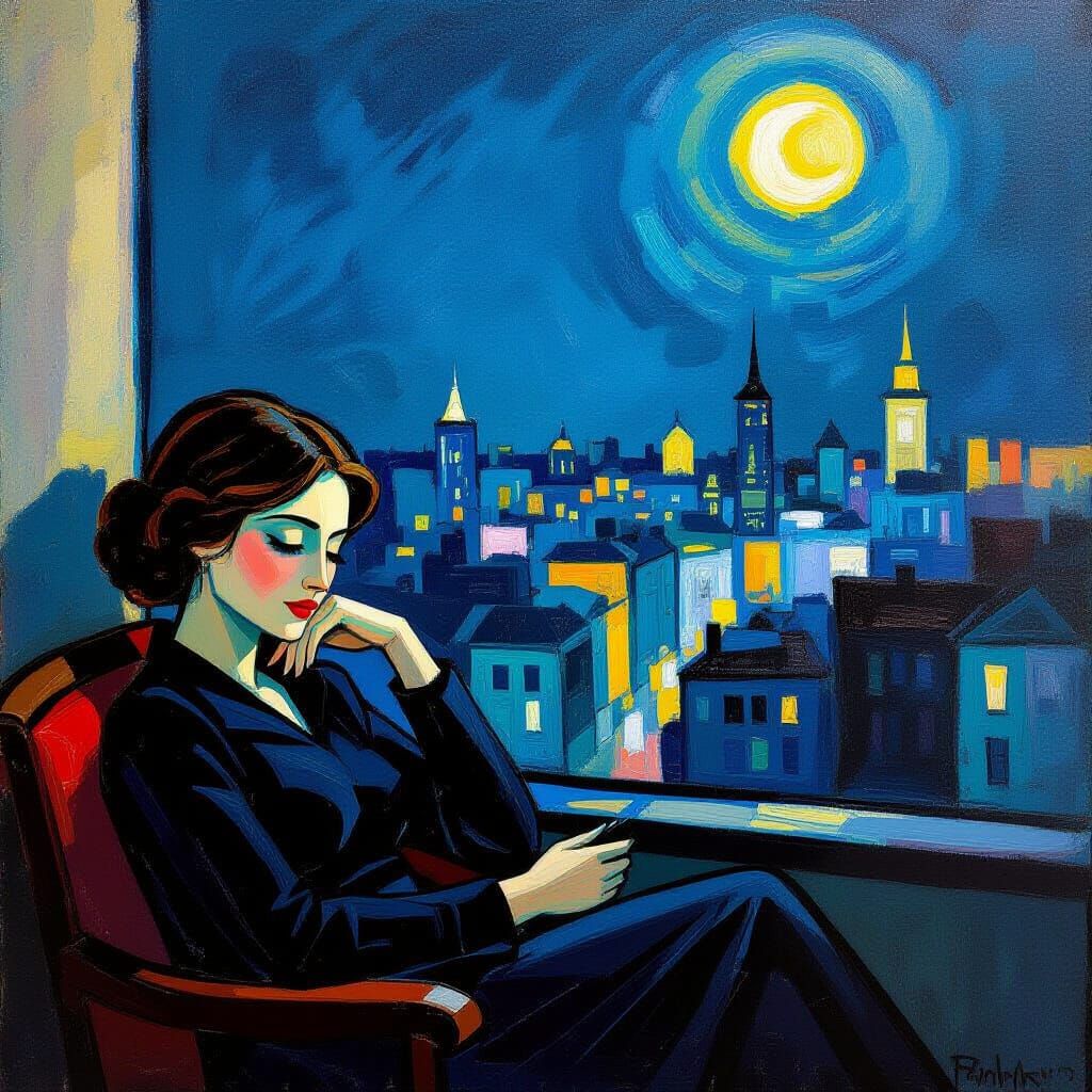 Sleepless Poet in Glimmering City: Velvet Post-Impressionism