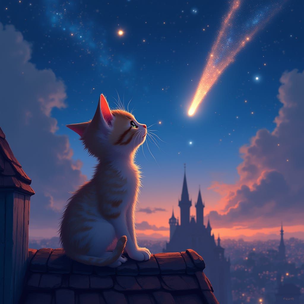 Mystical Kitten Watches Meteor Shower Under Starry Night Sky