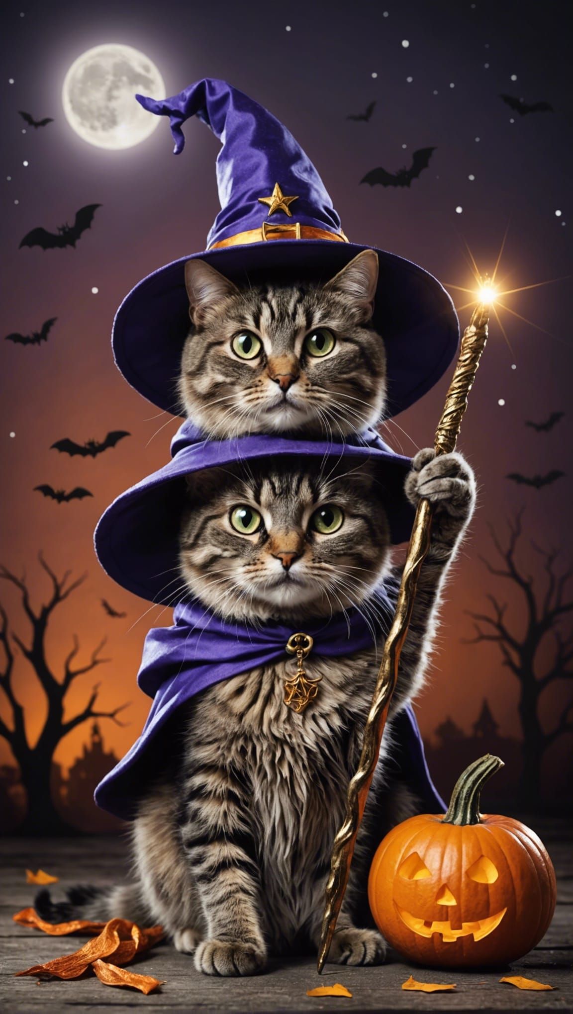 Whimsical Wizard Cat with Wand on Halloween