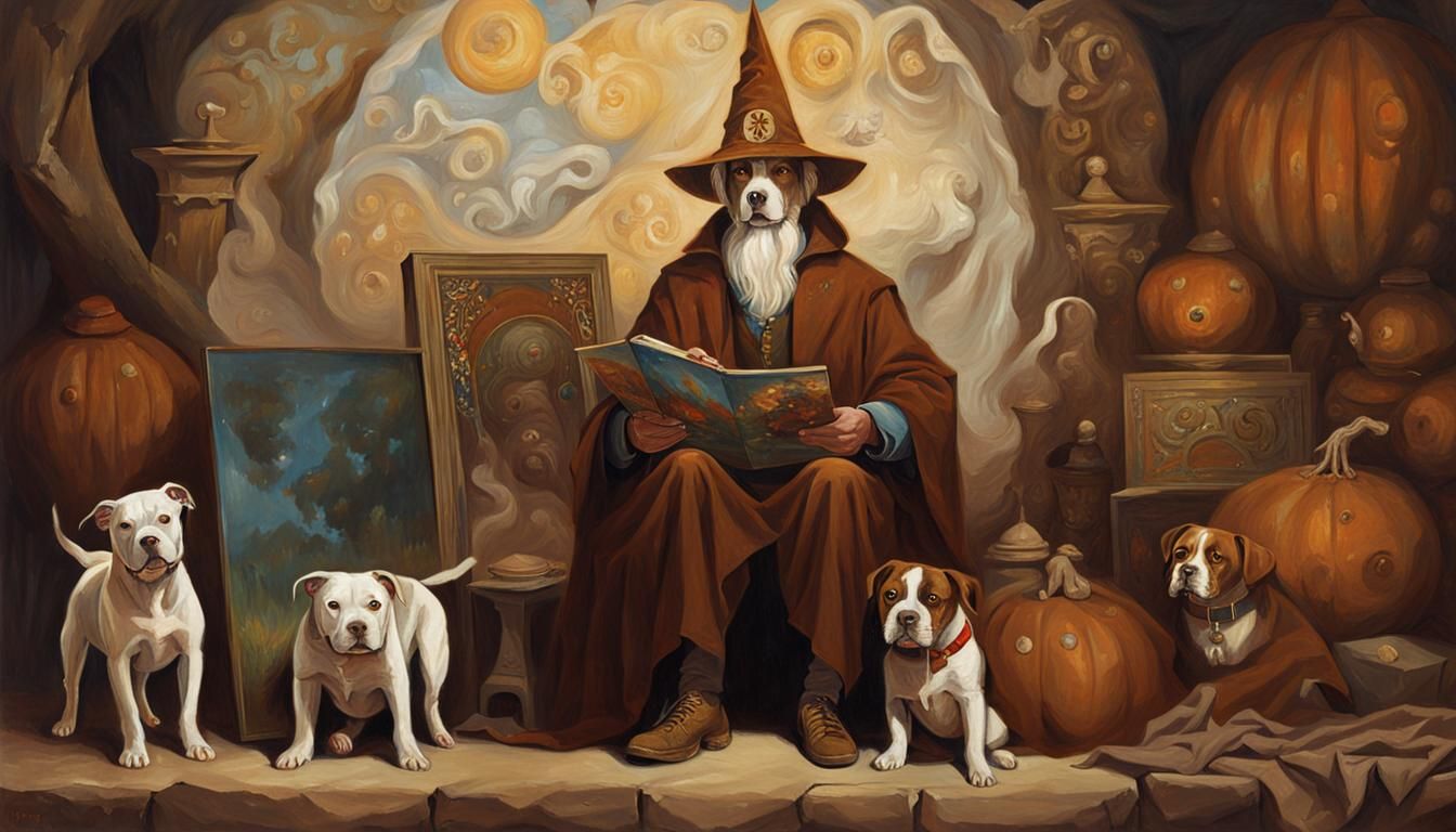 A human wizard dressed in brown wearing a brown wizard's hat who is  holding a pitbull  painting by James Gurney