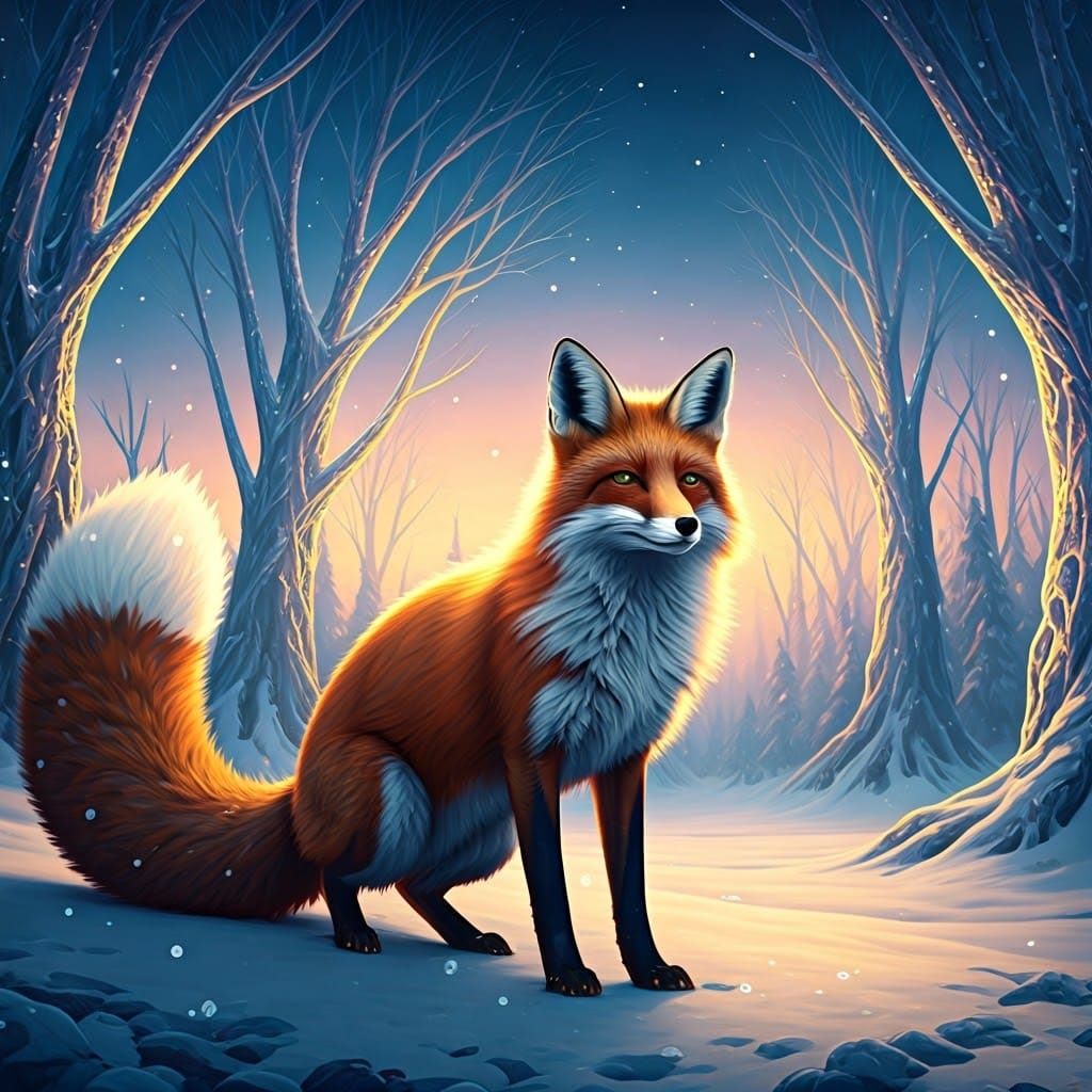 Majestic Copper Fox Enchants Snowy Forest Scene