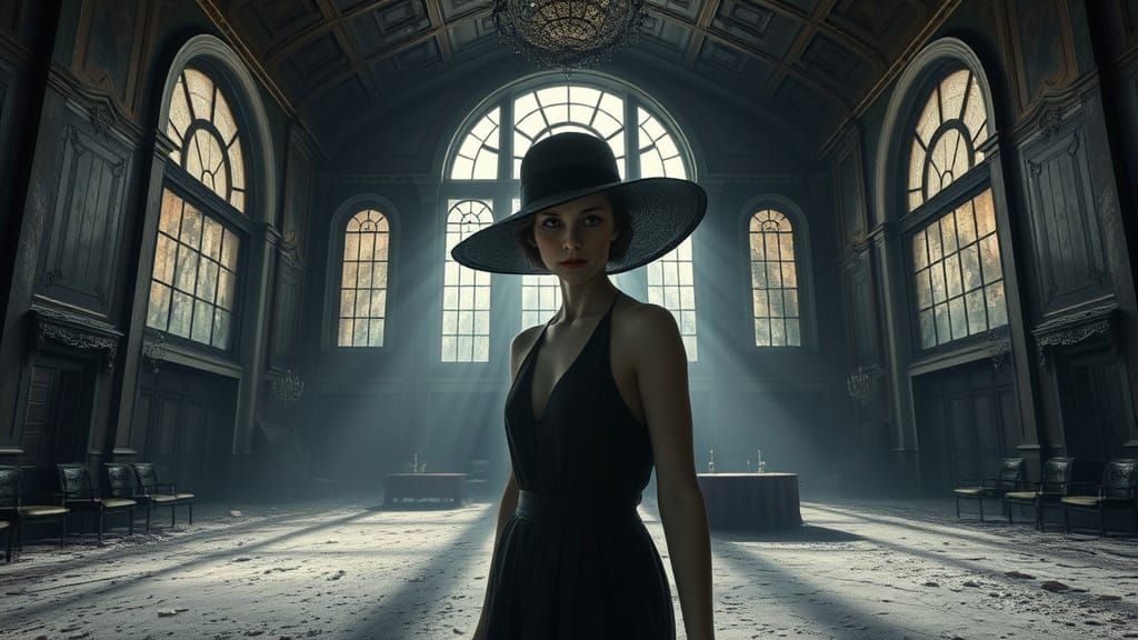 Ghostly 1920s Socialite in Decaying Ballroom