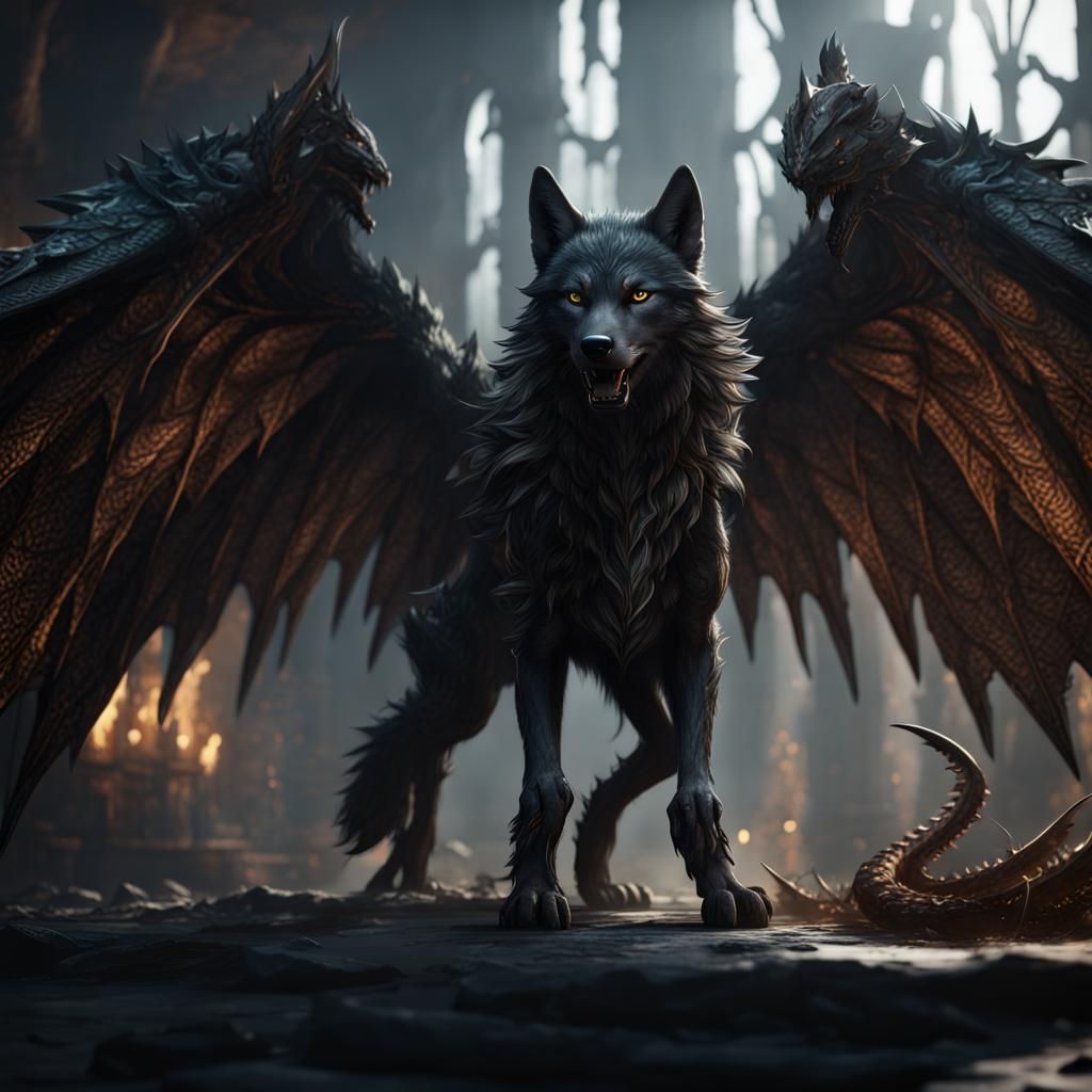 Black Wolf with Dragon Wings in Shadow