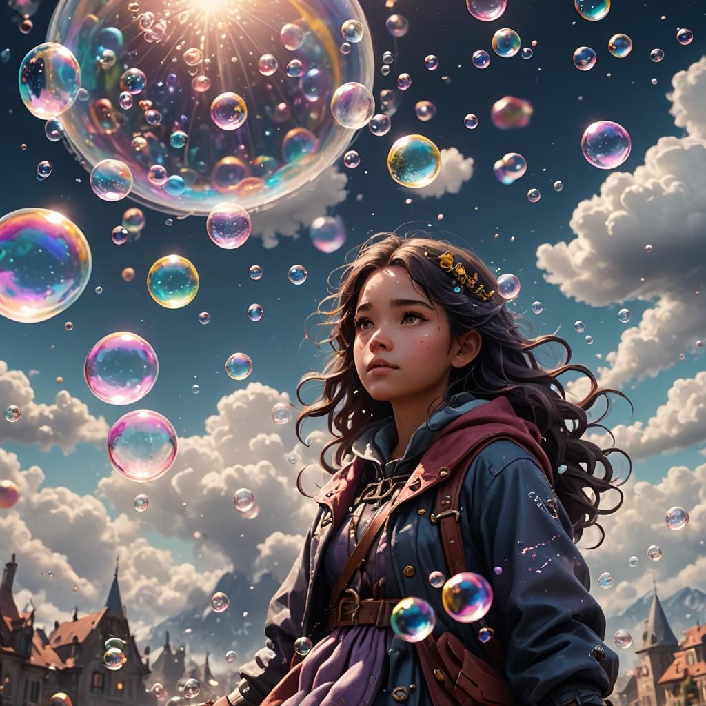 Girl in Bubbles and Clouds: Fantasy Concept Art