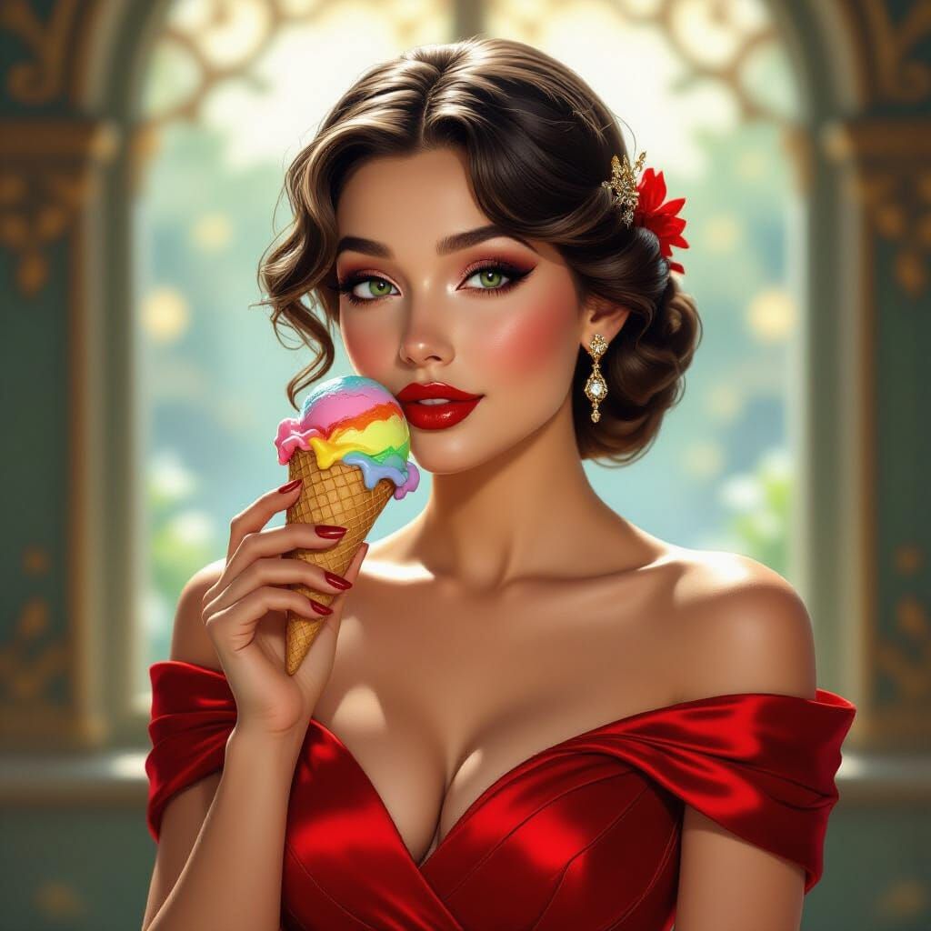 Woman in Red Dress Enjoys Rainbow Ice Cream