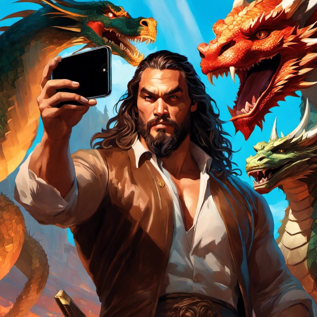 Dragons and Man, Selfie in Art Nouveau Style