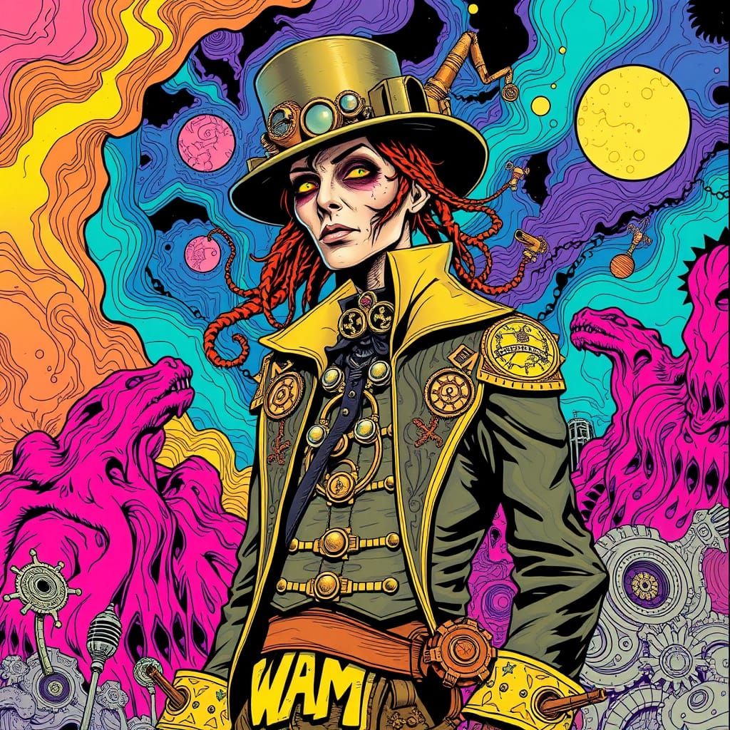 Steampunk Figure in Psychedelic, Gothic Comic Style