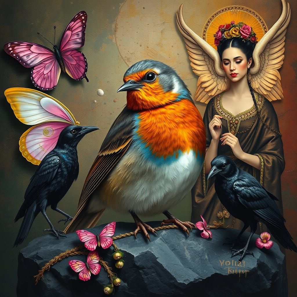 Robin Knitting with Elvis and Frida in Surreal Collage