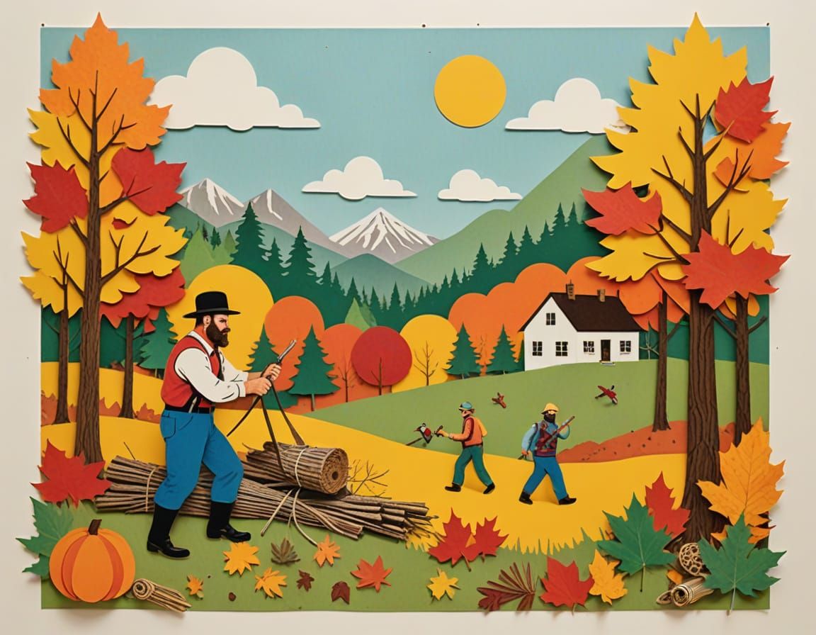 Paper Cutout Autumn Landscape with Lumberjack Family