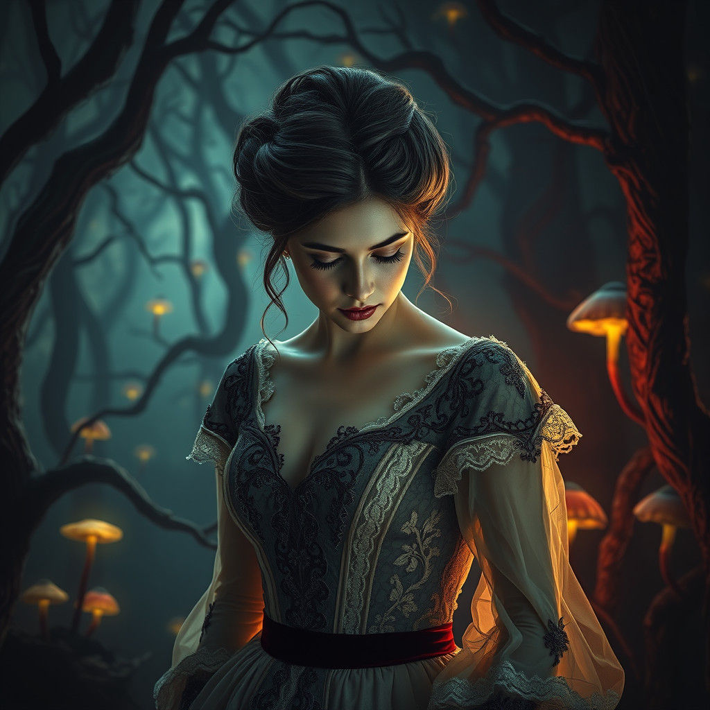 Ethereal Woman in Mystical Forest, Surrealist Style